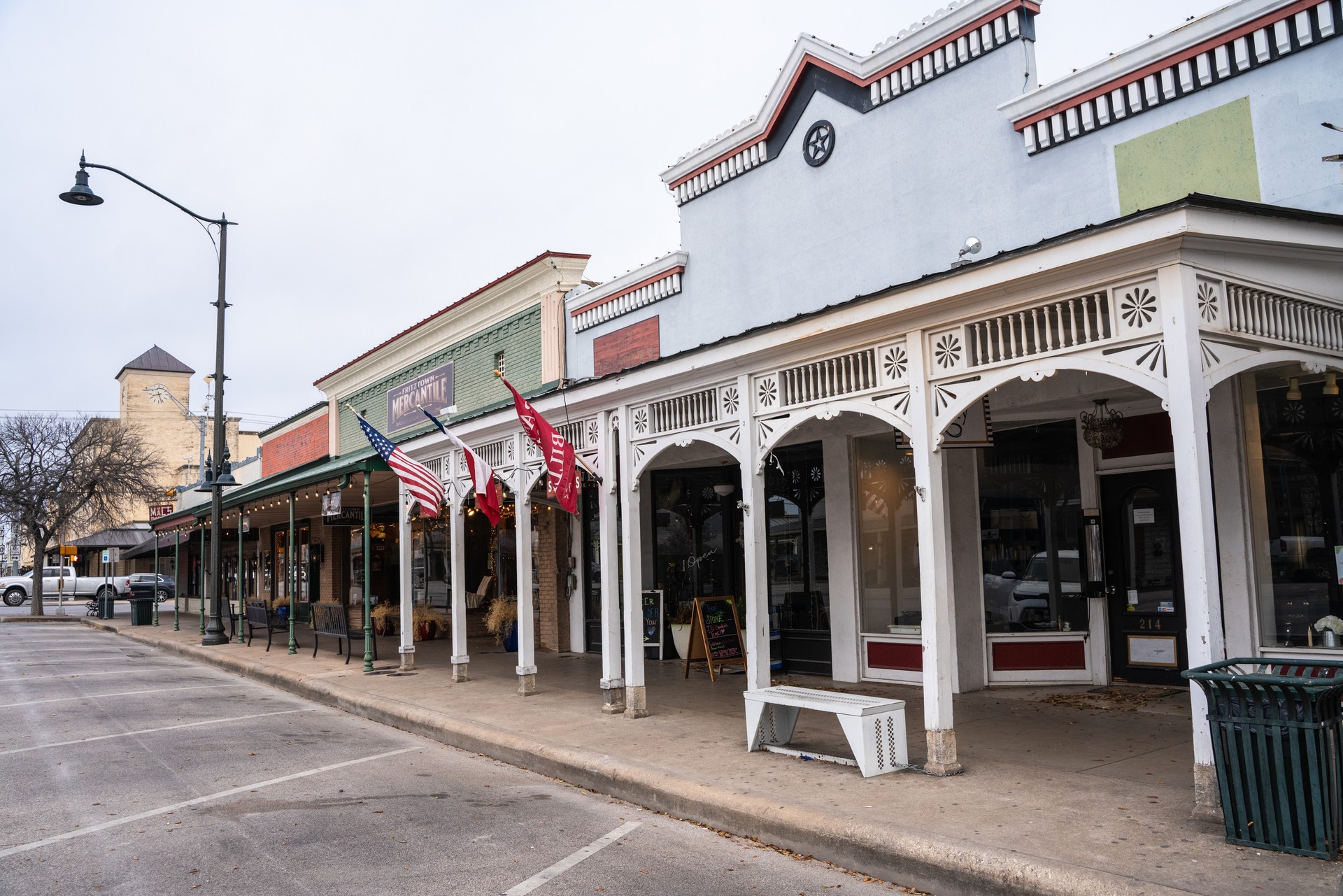 Fredericksburg Texas with historic buildings in view.